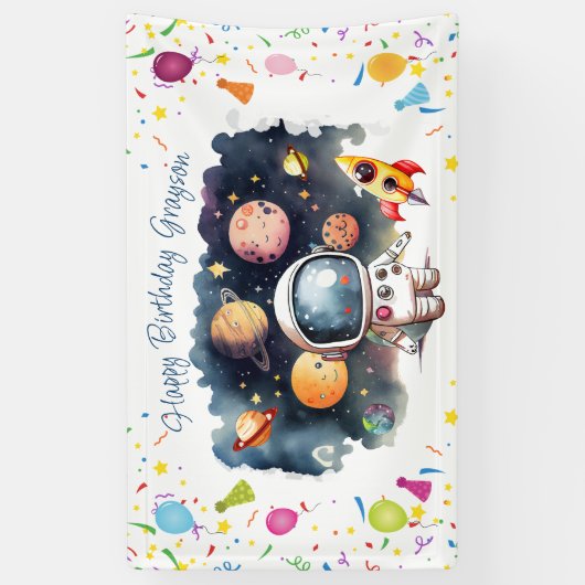 Outerspace Astronaut Planeten Gelukkige Verjaardag Spandoek (Verticaal)