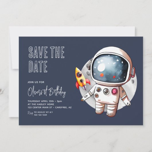 Outerspace Blue 1e verjaardag Save The Date (Voorkant)