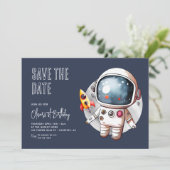 Outerspace Blue 1e verjaardag Save The Date (Staand voorkant)