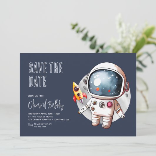 Outerspace Blue 1e verjaardag Save The Date (Staand voorkant)