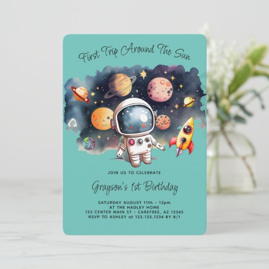 Outerspace Planets Aqua Eerste Verjaardag Uitnodig Kaart (Staand voorkant)