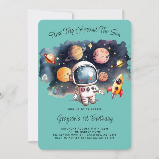 Outerspace Planets Aqua Eerste Verjaardag Uitnodig Kaart (Voorkant)