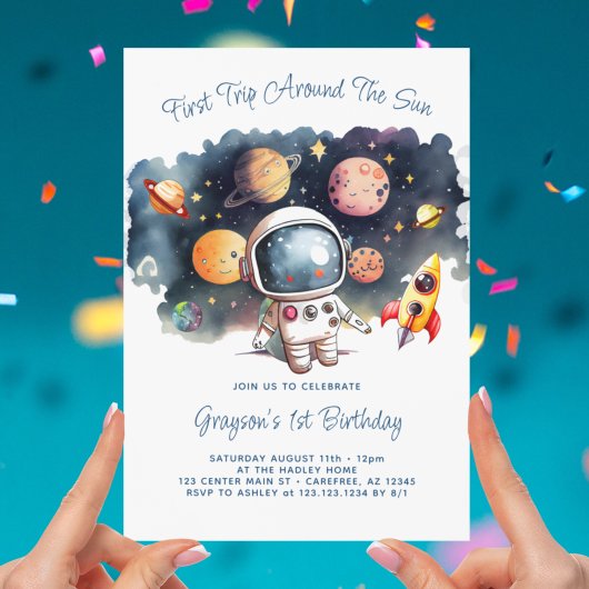 Outerspace Planets Astronaut First Birthday Kaart