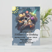 Outerspace Planets Blauw Eerste Verjaardag Kaart (Staand voorkant)