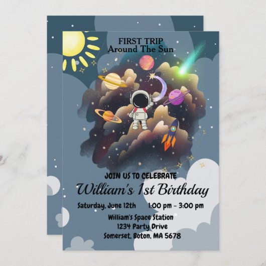 Outerspace Planets Blauw Eerste Verjaardag Kaart (Voorkant / Achterkant)