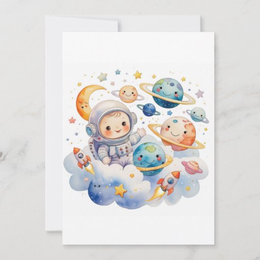 Outerspace Planets Blauw Eerste Verjaardag Kaart (Achterkant)