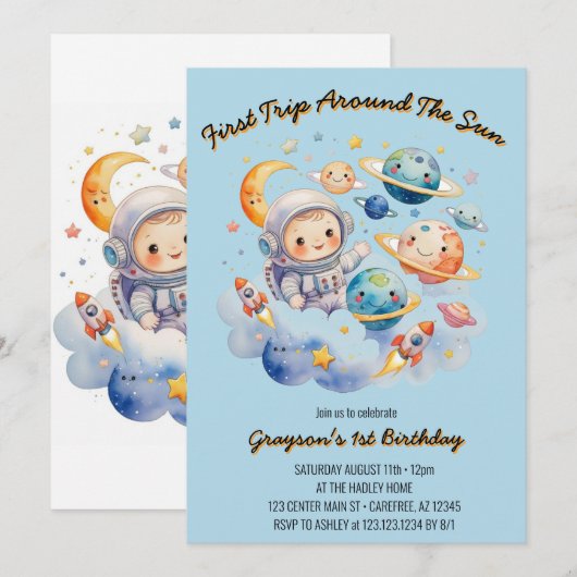 Outerspace Planets Blauw Eerste Verjaardag Kaart (Voorkant / Achterkant)