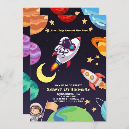 Outerspace Planets Blauw Eerste Verjaardag Kaart (Voorkant / Achterkant)