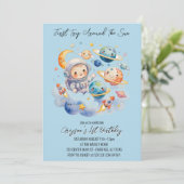 Outerspace Planets Blauw Eerste Verjaardag Kaart (Staand voorkant)