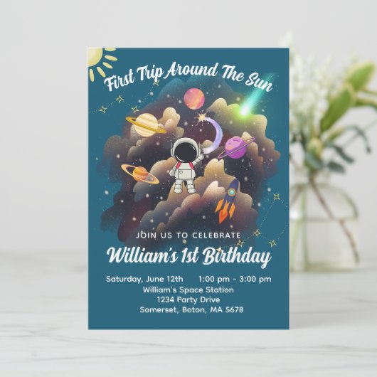 Outerspace Planets Blauw Eerste Verjaardag Uitnodi Kaart (Staand voorkant)