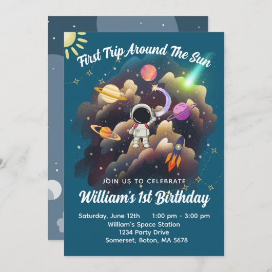 Outerspace Planets Blauw Eerste Verjaardag Uitnodi Kaart (Voorkant / Achterkant)