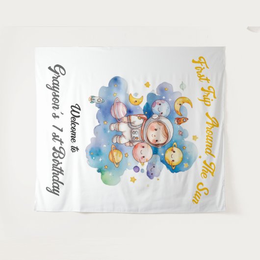Outerspace Planets Blauw Eerste Verjaardag Wandkleed (Voorkant (horizontaal))
