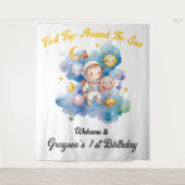 Outerspace Planets Blauw Eerste Verjaardag Wandkleed (Voorkant)