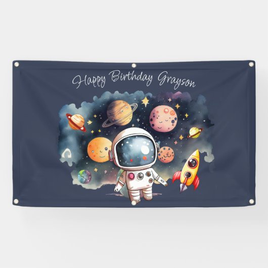 Outerspace Planets Blauw Gelukkige Verjaardag Spandoek (Horizontaal)