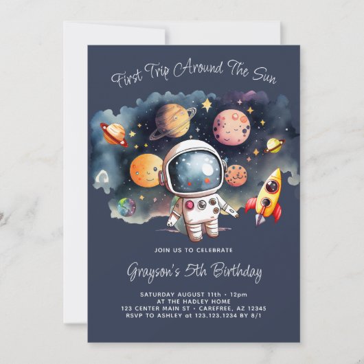 Outerspace Planets Blue 5th Birthday Invitation Kaart (Voorkant)