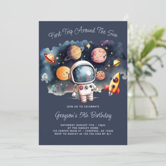 Outerspace Planets Blue 5th Birthday Invitation Kaart (Staand voorkant)