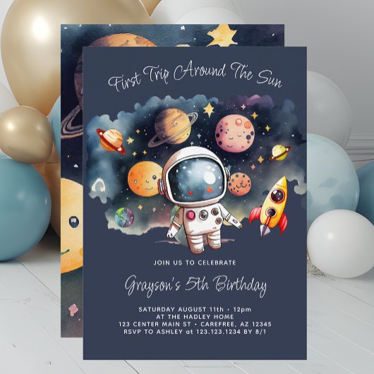 Outerspace Planets Blue 5th Birthday Invitation Kaart