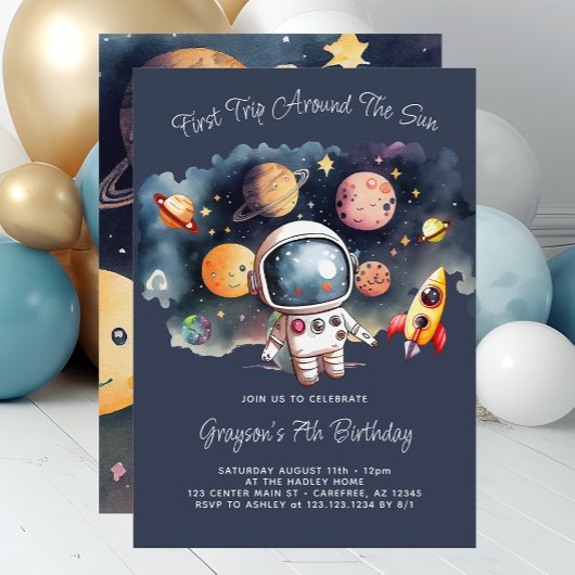 Outerspace Planets Blue 7th Birthday Invitation Kaart