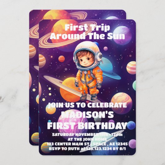 Outerspace Planets Blue Boy Eerste Verjaardag Kaart (Voorkant / Achterkant)