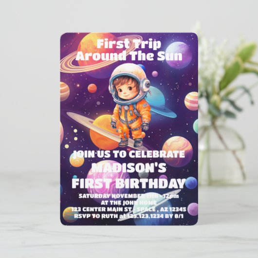 Outerspace Planets Blue Boy Eerste Verjaardag Kaart (Staand voorkant)