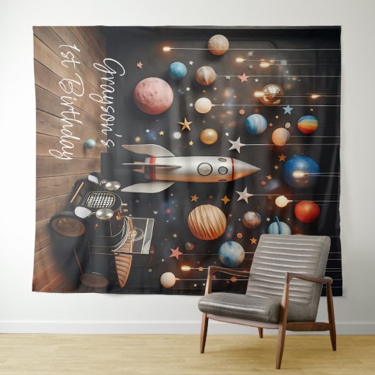 Outerspace Planets eerste verjaardag selfie statio Wandkleed (In Situ (horizontaal))