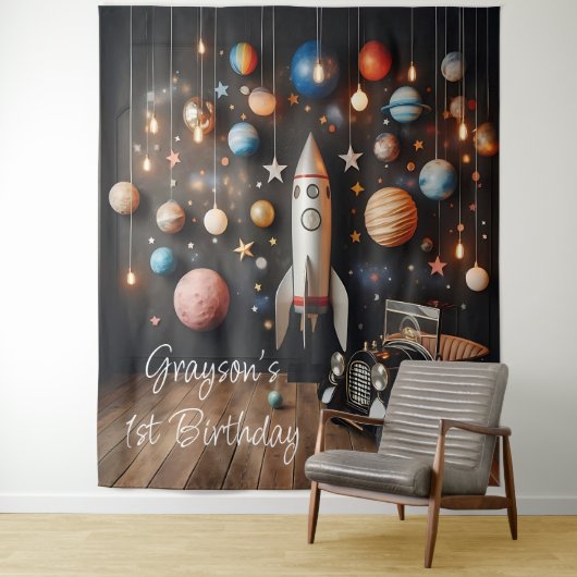 Outerspace Planets eerste verjaardag selfie statio Wandkleed (In situ)