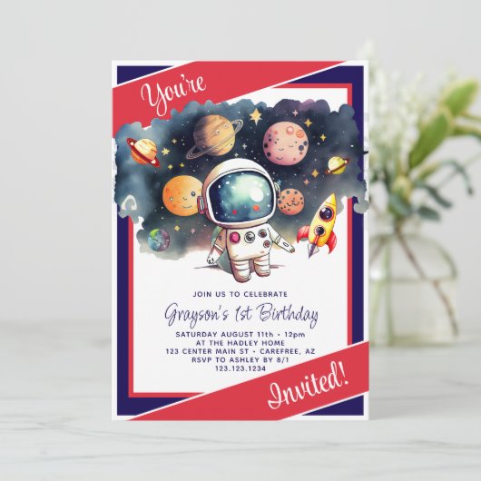 Outerspace Planets Rood Wit Blauw Verjaardag Kaart (Staand voorkant)