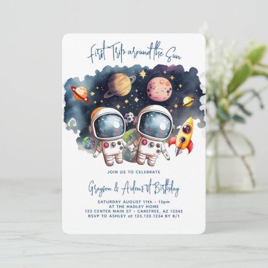 Outerspace Planets Twin Boys 1e verjaardag Kaart (Staand voorkant)