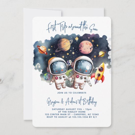 Outerspace Planets Twin Boys 1e verjaardag Kaart (Voorkant)