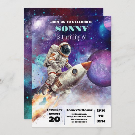 OuterSpace Verjaardagsfeest Astronaut Galaxy Plane Kaart (Voorkant / Achterkant)