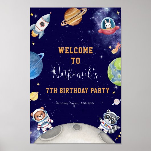 Outerspace Woodland Animals Verjaardag Welkomstbor Poster (Voorkant)