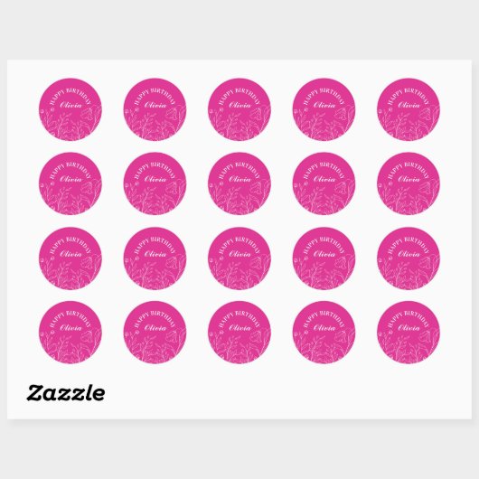 Outline Elegante Bloemen Hot Roze 30ste Verjaardag Ronde Sticker (Vel)