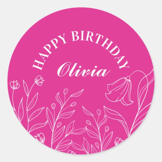 Outline Elegante Bloemen Hot Roze 30ste Verjaardag Ronde Sticker (Voorkant)