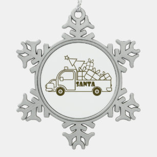 Outline Kerst truck Santa auto side uitzicht Tin Sneeuwvlok Ornament