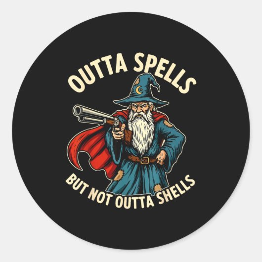 Outta Spells But Not Outta Shells Wizard Fantasy M Ronde Sticker (Voorkant)