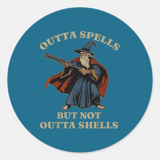 Outta Spells But Not Outta Shells Wizard Fantasy M Ronde Sticker (Voorkant)