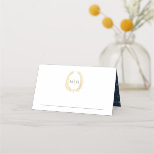 Ovaal blad monogram blauw goud wit bruiloft plaatskaartje