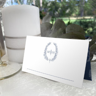 Ovaal blad monogram blauw wit bruiloft plaatskaartje
