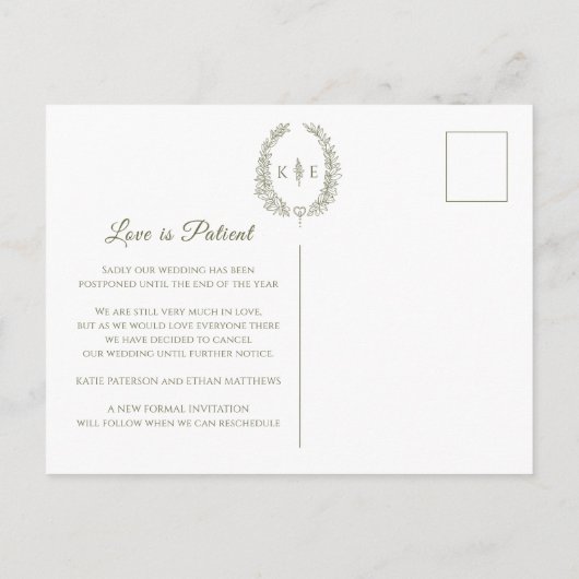 Ovaal blad monogram trouw annulering olijfgroen aankondigingskaart (Achterkant)