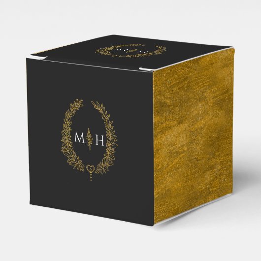 Ovaal blad monogram zwart goud wit bruiloft bedankdoosjes (Voorkant Zijde)