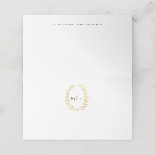 Ovaal blad monogram zwart goud wit bruiloft plaatskaartje (Buitenkant ongevouwen)