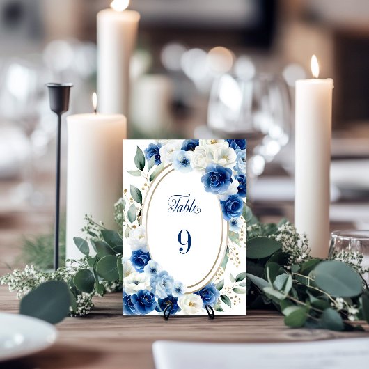 Ovaal Blauw Bloemen Trouwtafel Nummer Kaart
