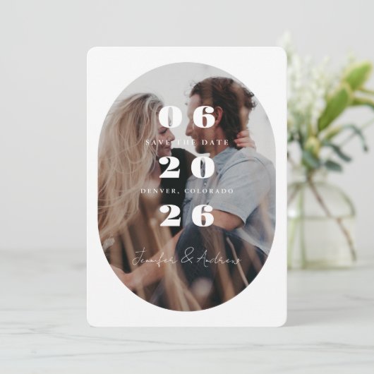 Ovaal fancy lijst save the date (Staand voorkant)