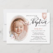 Ovaal Floral Foto Roos Gold Banner Baptism Invite Kaart (Voorkant)