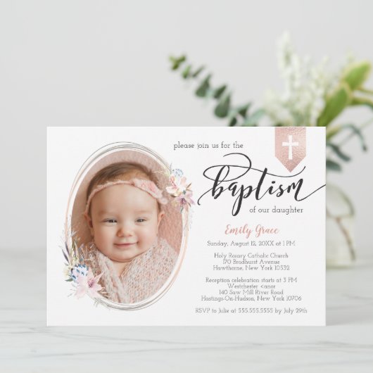 Ovaal Floral Foto Roos Gold Banner Baptism Invite Kaart (Staand voorkant)