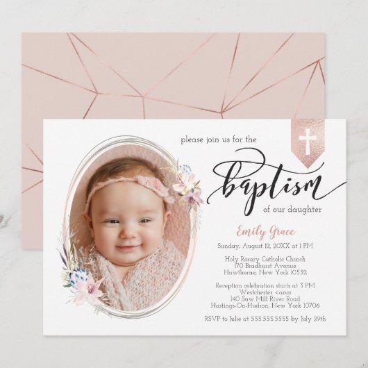 Ovaal Floral Foto Roos Gold Banner Baptism Invite Kaart (Voorkant / Achterkant)