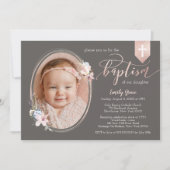 Ovaal Floral Foto Roos Gold Banner Baptism Invite Kaart (Voorkant)