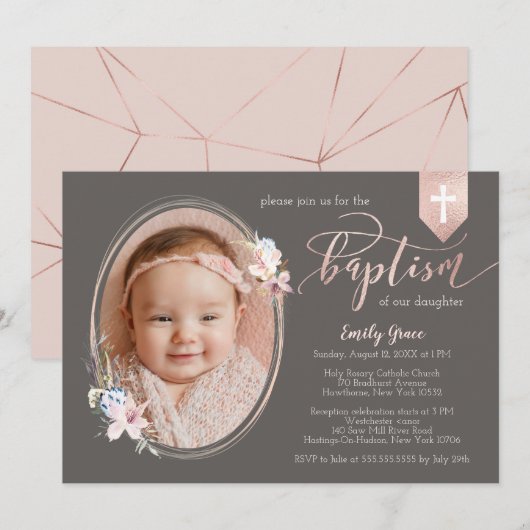 Ovaal Floral Foto Roos Gold Banner Baptism Invite Kaart (Voorkant / Achterkant)