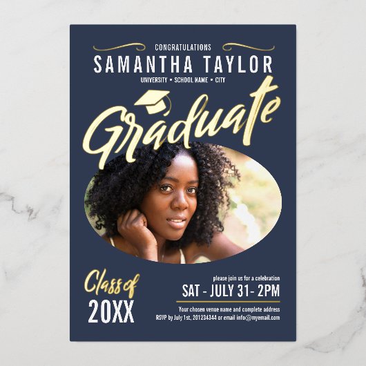 Ovaal Foto Afstuderen Gold Foil ID896 Folie Uitnodiging (Voorkant)