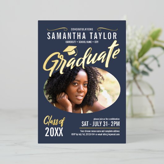 Ovaal Foto Afstuderen Gold Foil ID896 Folie Uitnodiging (Staand Voorkant)